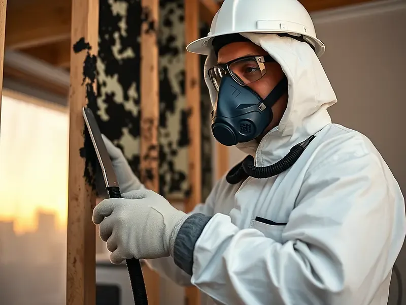 Mold remediation technician in protective equipment